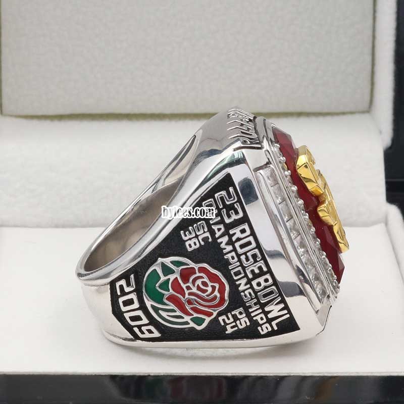 side view of usc football championship rings in 2009 rose bowl game ,showing the scores between the teams